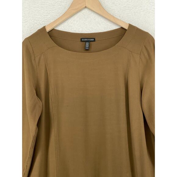 EILEEN FISHER Dress XS Shift Tencel Viscose Scoop Neck Long Sleeve Brown - Picture 2 of 16